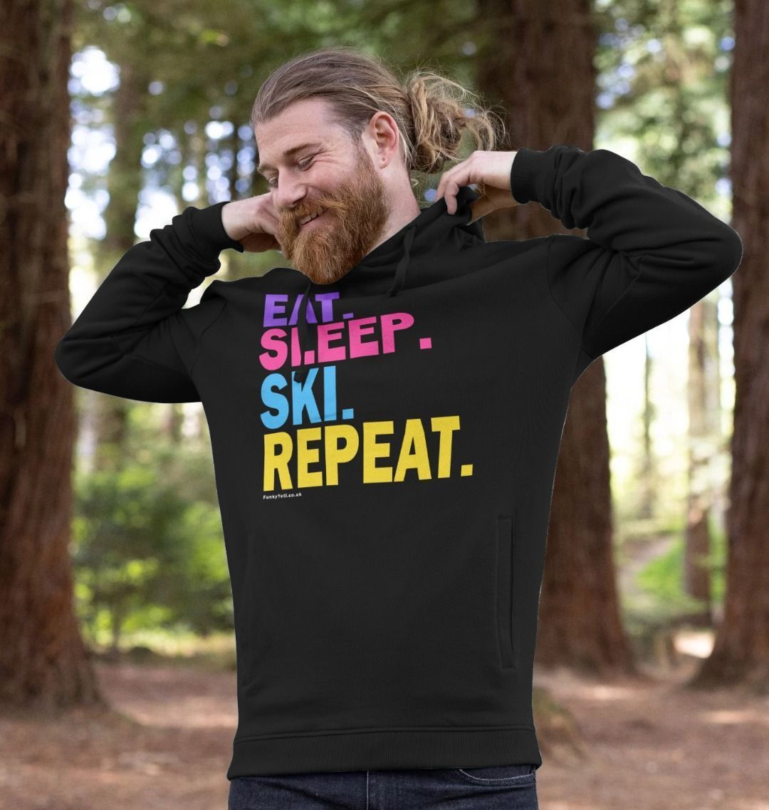 Men s Eat Sleep Ski Repeat Organic Pullover Hoodie Funky Yeti