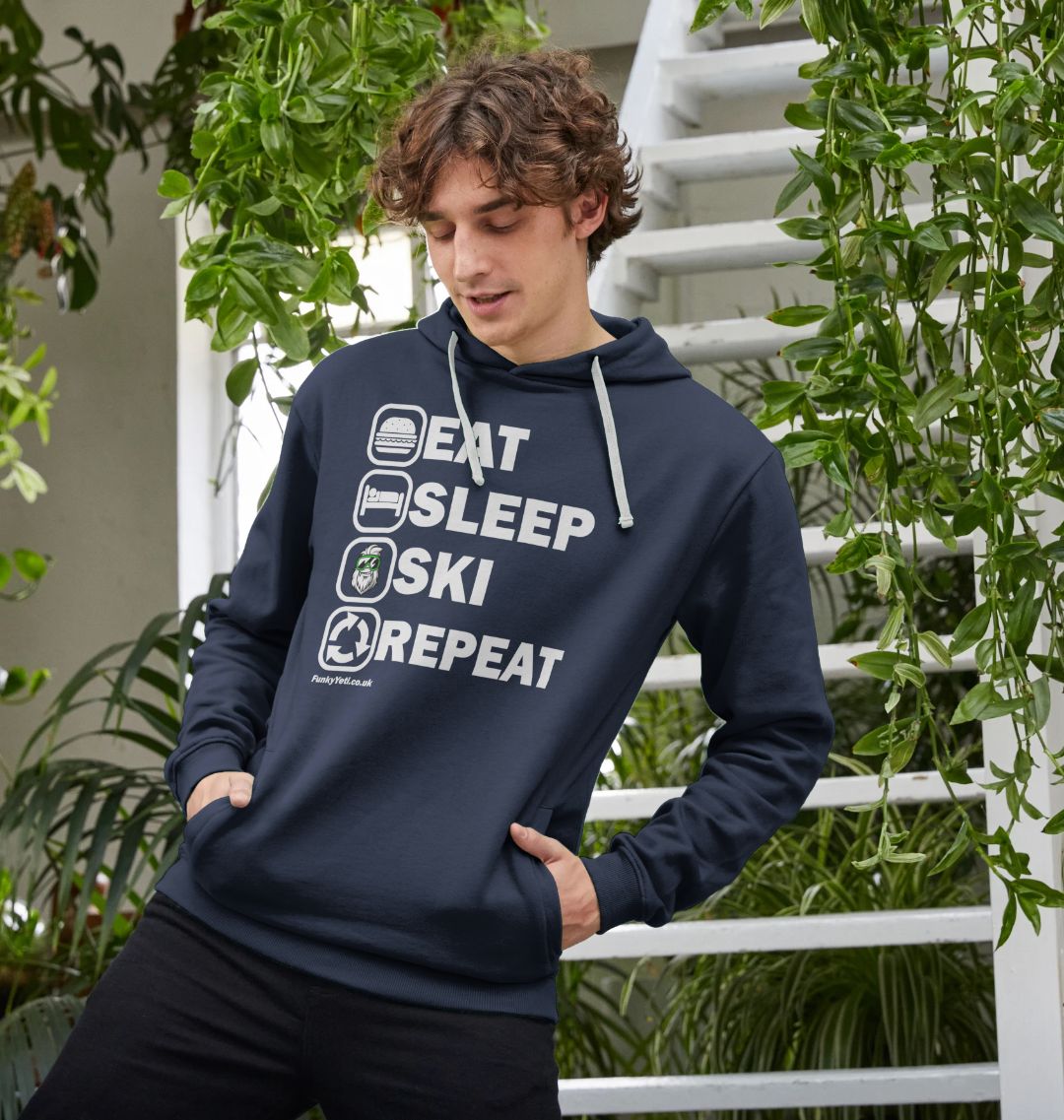 Men s Eat Sleep Ski Repeat Organic Pullover Hoodie Funky Yeti